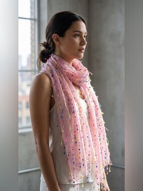 100% SILK Scarf, Baby Pink with Colorful Tassels